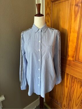 beachlunchlounge Blue Pinstripe Button-Down Shirt with Black Side Stripes